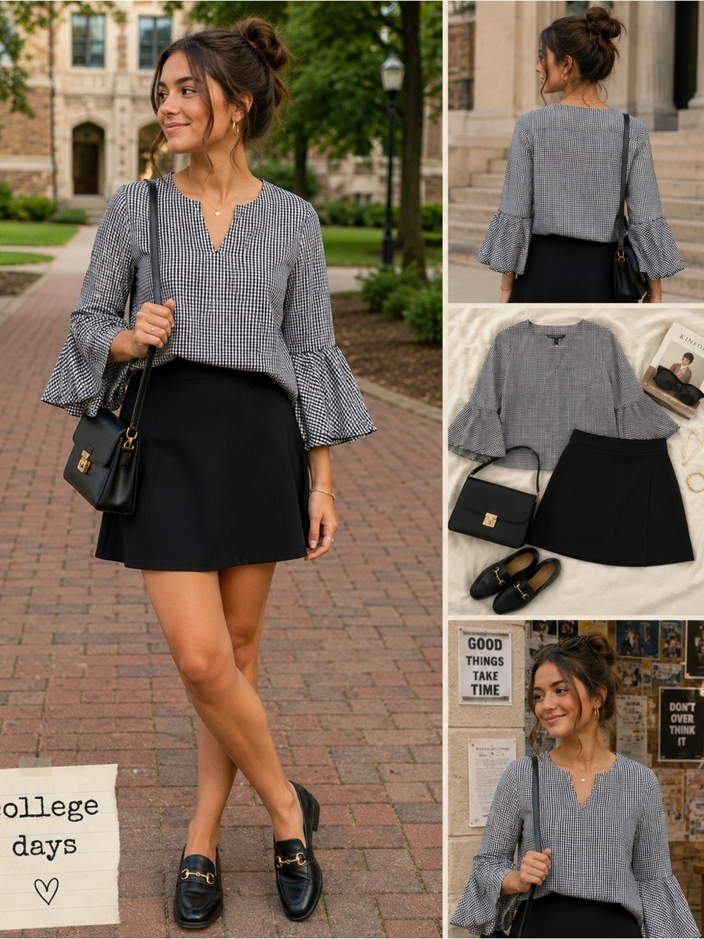 2 White House Black Market Black and White Gingham Bell Sleeve Top